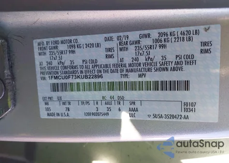 2019 Ford Escape S z USA, uszkodzony, nr VIN 1FMCU0F73KUB22896